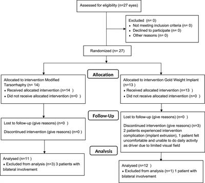Modified tarsorrhaphy versus gold weight implant technique for paralytic lagophthalmos treatment in patients with leprosy: One-year observation of a randomized controlled trial study